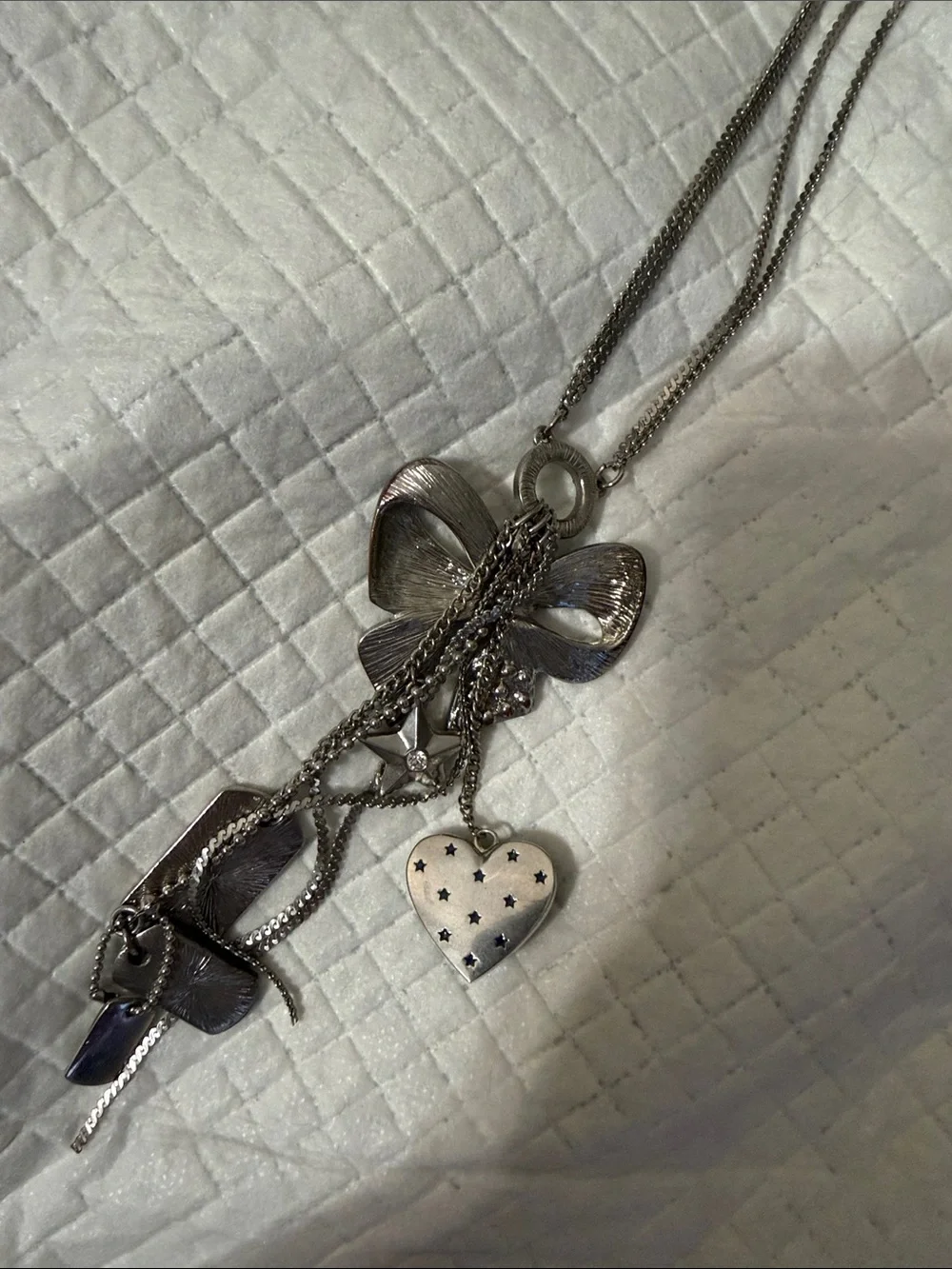 Y2k guess Silver-tone Necklace with Blue Bow and Heart Charms